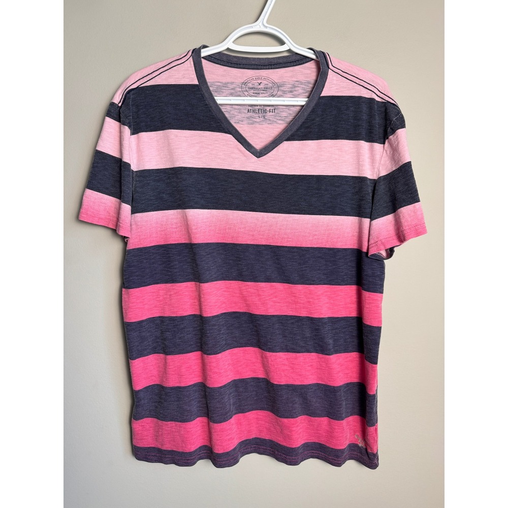 American Eagle Striped V-Neck T-Shirt L Athletic Fit Pink Gray Casual Surf Beach
